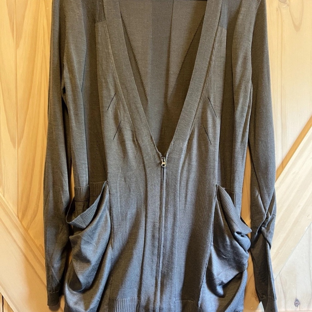 Beulah Zip Cardigan Long Sleeve Slouch Pockets Brown Ruched Sleeves Size L